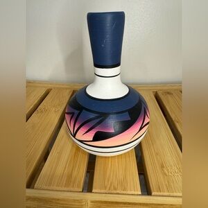 Hand painted Navaho Native American ceramic vase blue, pink & orange
